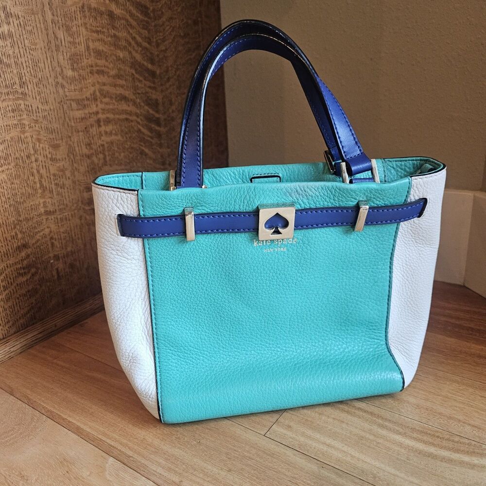 Kate Spade Blue Green White Houston Street Leo Pebble Leather Satchel Crossbody